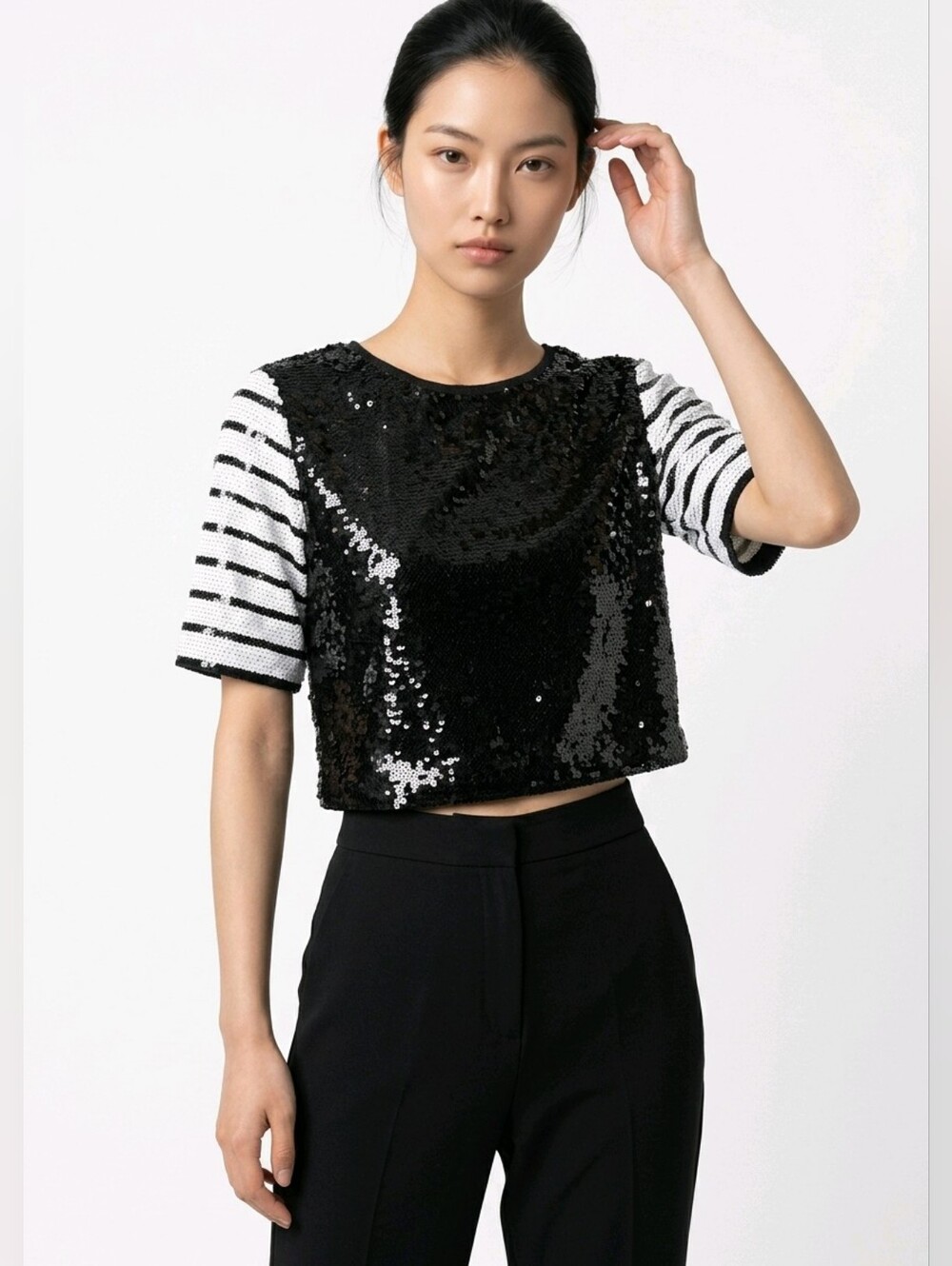 Zara Sequin Striped Crop Top in Black/White Size Medium Limited Holiday Edition